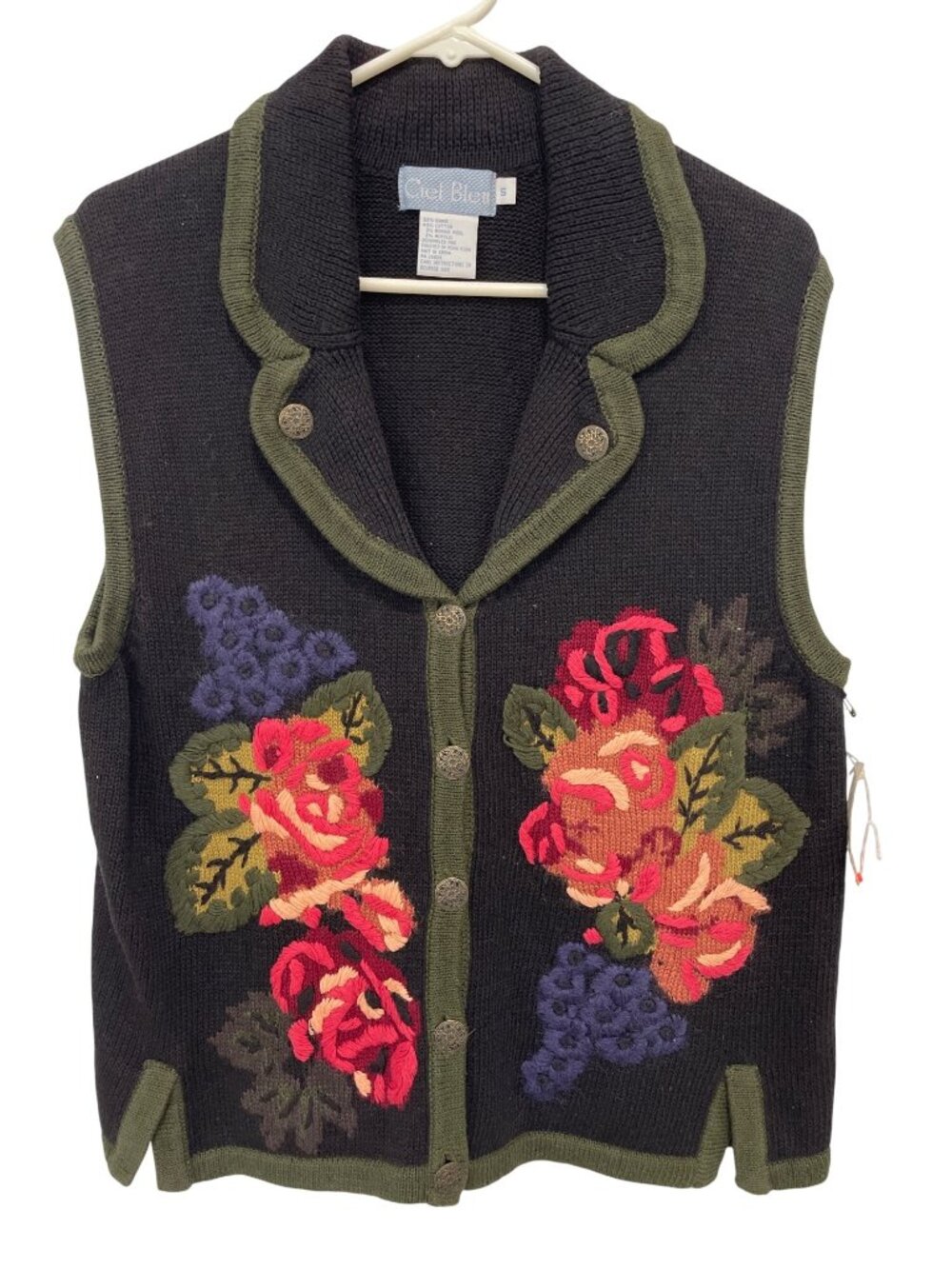 Vintage Ciel Bleu Sweater Vest Small Floral Button Up Black Green Deadstock NEW